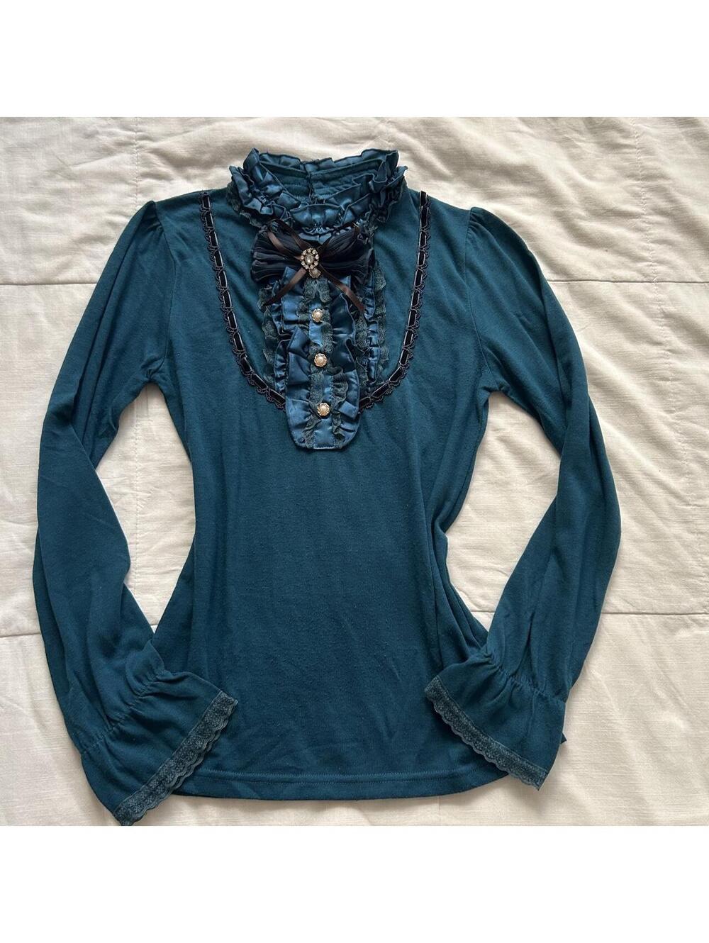 Axes Femme Dark Teal Ruffle Lace Ribbon Brooch Long Sleeve Top Medium Japan